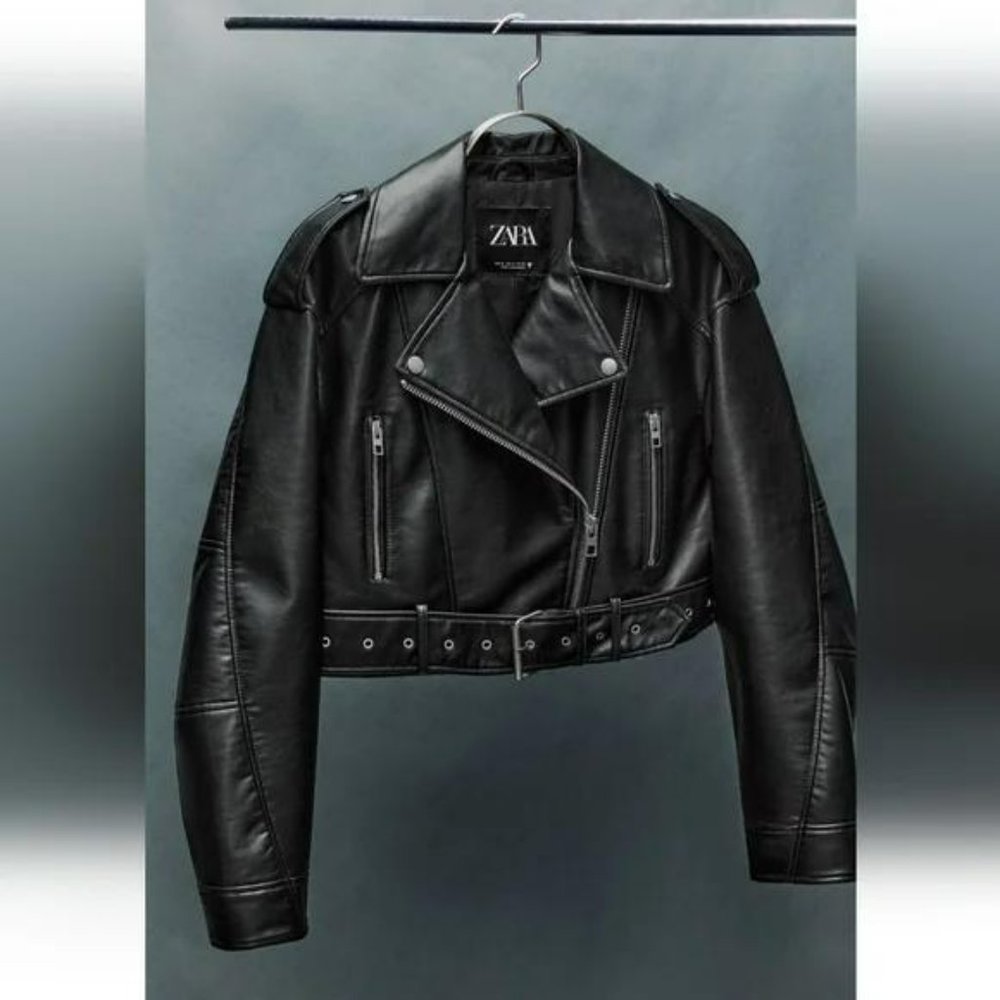 ZARA FAUX LEATHER CROP BIKER JACKET - Picture 9 of 10